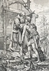 Den unge Odoacre (ca. 433-493) modtager Severins velsignelse, Apotre de Norique, ca. 470 (Odoacer møder munken Severinus af Noricum, der erfarer ham, at han en dag ville blive berømt, 470 ca.) Tegning af en pen tegnet fra "" Historische Memorabilian des
