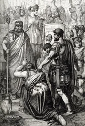 Vandalkrig: "" Overgivelsen af vandalernes konge Gelimer knæler foran den byzantinske general Belisaire (500-565) i marts 534, Carthage, Afrika" (Vandalerkrig: vandalskongen Gelimer overgiver sig til general Belisarius, 534, Afrika) Tegning en kuglepen teg