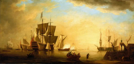 En britisk bygning med andre opankrede skibe i skumringen. Olie på lærred, begyndelsen af det 18. århundrede, af Peter Monamy (1681-1749).