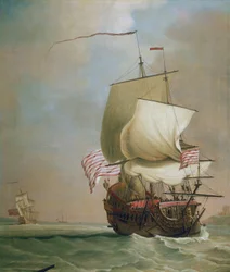 Et handelsskib fra British East India Company. Olie på lærred, ca. 1720, af Peter Monamy (1681-1749).