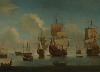 Engelske krigsskibe ligger for anker i vindstille og tørrer sejl, begyndelsen af det 18. århundrede (olie på lærred)