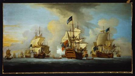 Den engelske flåde for anker med admiralens skib, der signalerer til vice- og kontreadmiralerne fra de hvide og blå eskadroner