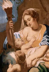 flamsk gobelin. Serien Eukaristiens triumf. Allegori om næstekærlighed, der oplyser verden (Alegoría de la Caridad iluminando al mundoà. Tyvende gobelin i serien. Model Peter Paul Rubens. 1626-1628. Fremstilling Jan II Raes, Bruxelles