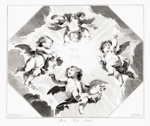 Fire børneengle fejrer Jomfru Maria.