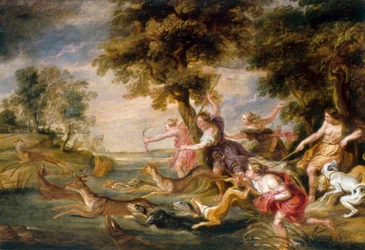 Diana og nymfer på jagt efter dådyr, ca. 1673 (olie på lærred)