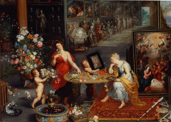 Allegori om syn og lugt Detalje. Unge kvinder nær et bord dækket med blomster og juveler præsenterer en engel et spejl til en af de kvinder, der beundrer sig selv. Kunstværker samler sig i baggrunden. En ilder ligger til venstre. Maleri af Pierre Pa