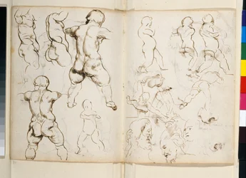 Bagside af romersk marmor af drengen med en gås i hans forsvundne "tegnebog" bevaret i Chatsworth-arkivet, fol 64v-65r (pen  blæk på papir)