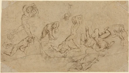 Battle of Nude Men (pen og brunt blæk over sort kridt på fire uregelmæssigt skårne stykker af to typer bufferet papir; lagt ned og med tilføjede hjørnestykker)
