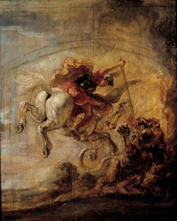 Bellerofon, ridende på Pegasus, dræber Kimæren med sit spyd, maleri af Pierre Paul (Pierre-Paul) Rubens (eller Peter Paul eller Petrus Paulus) (1577-1640)