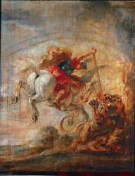 Bellerophon, ridende på Pegasus, kæmper mod kimæren (olie på lærred)