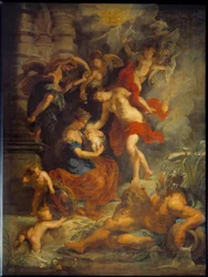 Marie de Medicis cyklus (1573-1642): "" Marie de Medicis fødsel i Firenze den 26/04/1573"". Repræsentation af Jeanne af Østrig (1547-1578) med sin datter. Maleri af Pierre Paul (Pierre-Paul) Rubens (eller Peter Paul eller Petrus Paulus) (1577-1640)