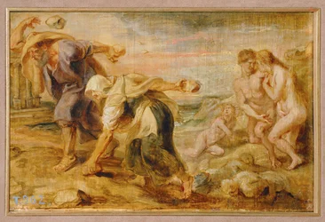 Deucalion og Pyrrha, menneskehedens skabere efter den første syndflod (maleri på træ)