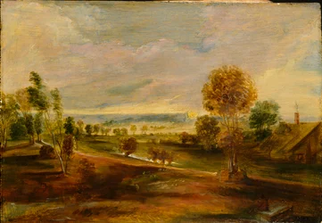 Landskab med landbrugsbygninger ved solnedgang, 1600-1640