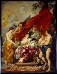 Ludvig XIII blev født i Fontainebleau den 27. september 1601. Hans mor Marie de Medicis (Maria de Medici) sidder på tronen og ser på det nye ne. Maleri af Pierre Paul (Pierre-Paul) Rubens (eller Peter Paul eller Petrus Paulus) (1577-1640)