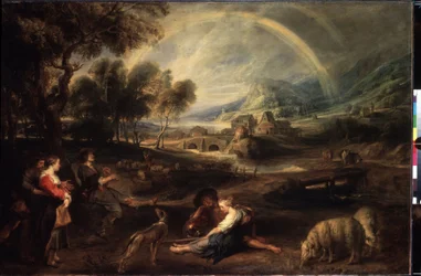 Landskab med en regnbue. Maleri af Peter Paul (Pierre-Paul) Rubens (eller Peter Paul eller Petrus Paulus) (1577-1640). Olie på lærred, 86 x 130 cm, begyndelsen af ​​1630. Flamsk kunst, barokkunst. Eremitagemuseet, Sankt Petersborg.