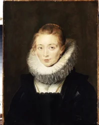 Portræt af en ventedame til Infanta Isabella (1566-1633). Hun har et jordbærkrave på. (Portræt af dame, der venter på Infanta Isabella). Maleri af Peter Paul (Pierre-Paul) Rubens (eller Peter Paul eller Petrus Paulus) (1577-1640). olie su