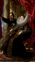Portræt af en ung aristokrat dame med en dværg (olie på lærred