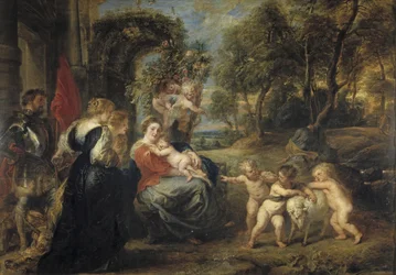 Hvil på flugten til Egypten med hellige, ca. 1635
