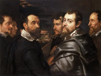 Self-Portrait in a Circle of Friends from Mantua par Rubens, Pieter Paul (1577-1640), ca 1604 - Olie på lærred, 77,5x161 - Wallraf-Richartz-Museum, Köln