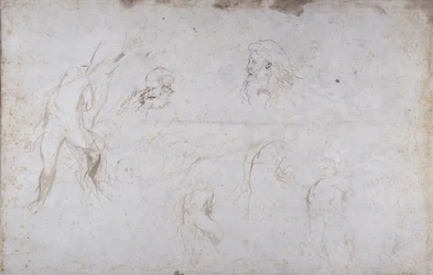 Studier af en mandsfigur bundet til et træ og af to mandlige hoveder, ca. 1601 (pen og blæk på papir)