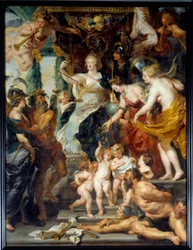 The Felicity of the Regency Representation of Queen Mary of Medicis (Maria de Medici) (1573-1642) i triumf på regentets tid. Maleri af Pierre Paul (Pierre-Paul) Rubens (eller Peter Paul eller Petrus Paulus) (1577-1640) 1600-tallet søn. 3,94x2,95 m