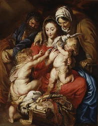 Den hellige familie med Saint Elizabeth, Saint John og en due, ca. 1608-9