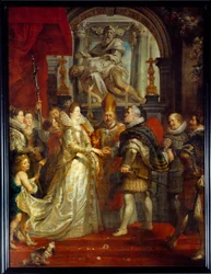 Ægteskabet ved fuldmagt mellem Maria De Medici (Marie de Medicis) (1573-1642) og Henrik IV i Firenze den 5/10/1600. Maleri af Pierre Paul (Pierre-Paul) Rubens (eller Peter Paul eller Petrus Paulus) (1577-1640). 17. århundrede søn. 3,94x2,95 m