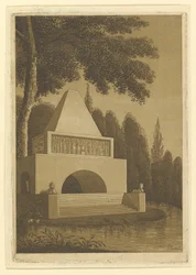 Tempelmonument i en park ved en sø.