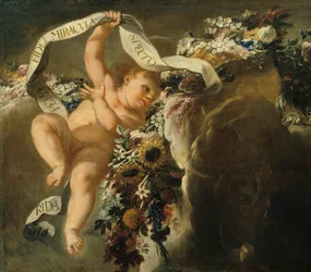 Putto med blomstertråd og banner