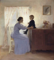 En mor og et barn i et indre