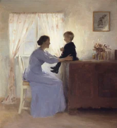 En mor og et barn i et indre