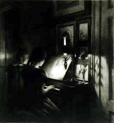 Pigerne ved klaveret (mezzotint)