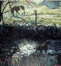 Pony og hund på en mark, 2000 (olie på lærred)