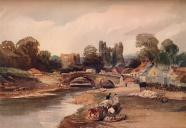 En landsby ved en flod med bro og ruiner, c1824