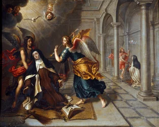 Den hellige Therese af Avila (af Jesusbarnet) (1515-1582) møder englen, der gennemborer hjertet af sin gyldne darter Maleri af Peter Van Lindt (1600-tallet) Dim. 85x70 cm Gener, Galleria di Palazzo Bianco