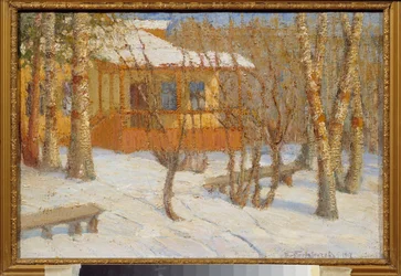 Frost og sol. Maleri af Pyotr Ivanovich Petrovichev (Pyotr Petrovichev) (1874-1947), olie på lærred