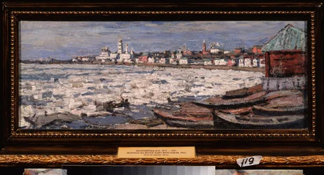 Isdrift på Volga, nær Yaroslavl (Rusland). Værk af Pyotr Ivanovich Petrovichev (Piotr Petrovichev) (1874-1947), olie på pap
