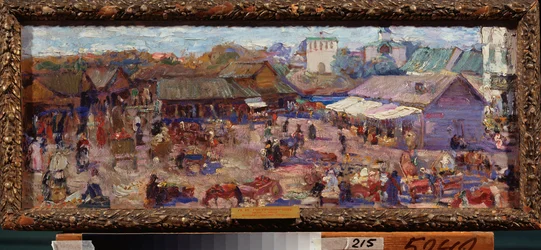Markedet i Pskov (Rusland). Værk af Pyotr Ivanovich Petrovichev (Piotr Petrovichev) (1874-1947), olie på pap