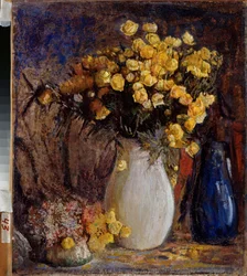 Nenuphars dans un vase blanc (Åkander i en hvid kande) - Maleri af Pyotr Ivanovich Petrovichev (Piotr Petrovichev) (1874-1947), olie på lærred - Russisk kunst slutningen af ​​det 19.-20. århundrede, modernisme - State V Surikov Art Museum, Krasnoyarsk (Rus