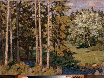 Æbletræer i maj. Maleri af Pyotr Ivanovich Petrovichev (Pyotr Petrovichev) (1874-1947), olie på lærred. Russisk kunst, det 20. århundredes landskab, modernisme. Regionalt kunstgalleri, Chelyabinsk (Rusland).
