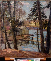 Forår. Ved en dam. Maleri af Pyotr Ivanovich Petrovichev (Pyotr Petrovichev) (1874-1947), olie på lærred