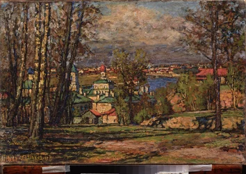 Udsigt over Moskva fra Vorobiev Gori (Sparrow Hills) (på højre bred af Moskva). Maleri af Pyotr Ivanovich Petrovichev (Pyotr Petrovichev) (1874-1947), olie på lærred