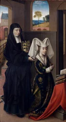 ""Portræt af Isabella af Portugal (1397-1471) repræsenteret med Saint Elizabeth"" (Isabel af Portugal med Saint Elizabeth) Maleri af Petrus Christus (1410/20-1475/76) - 1457-1460 - Olie på træ Dim 59x33 cm Groeningemuseum, Brugge