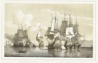 Søslaget ved Livorno, 1653 Søslag ved Livorno. 14. marts 1653 / Combat naval près de Livourne. 14 Mars 1653 (titel på objekt)