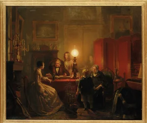 En familie samlet omkring et lampebelyst bord, 1854