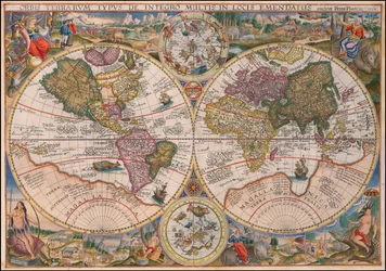 Verdenskort med dobbelt halvkugle fra 1594 af Petrus Plancius
