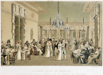 Grand Salon du cafe Frascati i Paris. Litografi af Philibert-Louis Debucourt (1755-1832)