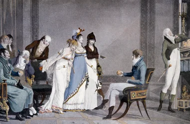 The Orange, af Louis-Philibert Debucourt (1755-1832), akvatinte, scene med etruskisk inspirerede møbler i Directoire-stil, Frankrig
