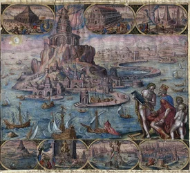 Repræsentation af antikkens syv vidundere: fyrtårnet i Alexandria (på øen Pharos) i Alexandria, Egypten - Fyrtårnet i Alexandria (fra serien ""Verdens ottende vidundere") Efter Maarten van Heemskerck - Galle, Filip (1537-16