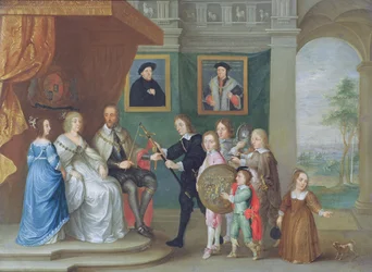 Thomas Howard, 14. jarl af Arundel, overrækkes våben ved sine børn for at markere sin udnævnelse til at lede hæren mod Skotland i 1639